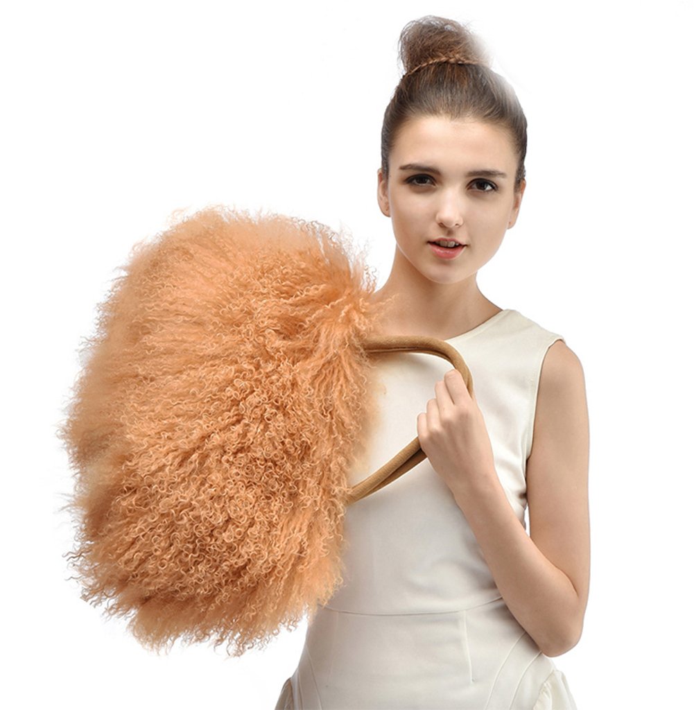 FINILUOFINILUO Women Luxury Real Lamb/Mongolian Flush Wool Fur With Genuine Leather Handles Handbag