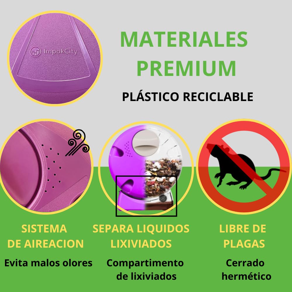 Compostador Doméstico Giratorio y Compacto 40L ImpakCity - Evita Malos Olores, Insectos y Roedores, con Compartimento de Líquidos Lixiviados, Fabricado en España con Materiales Reciclables