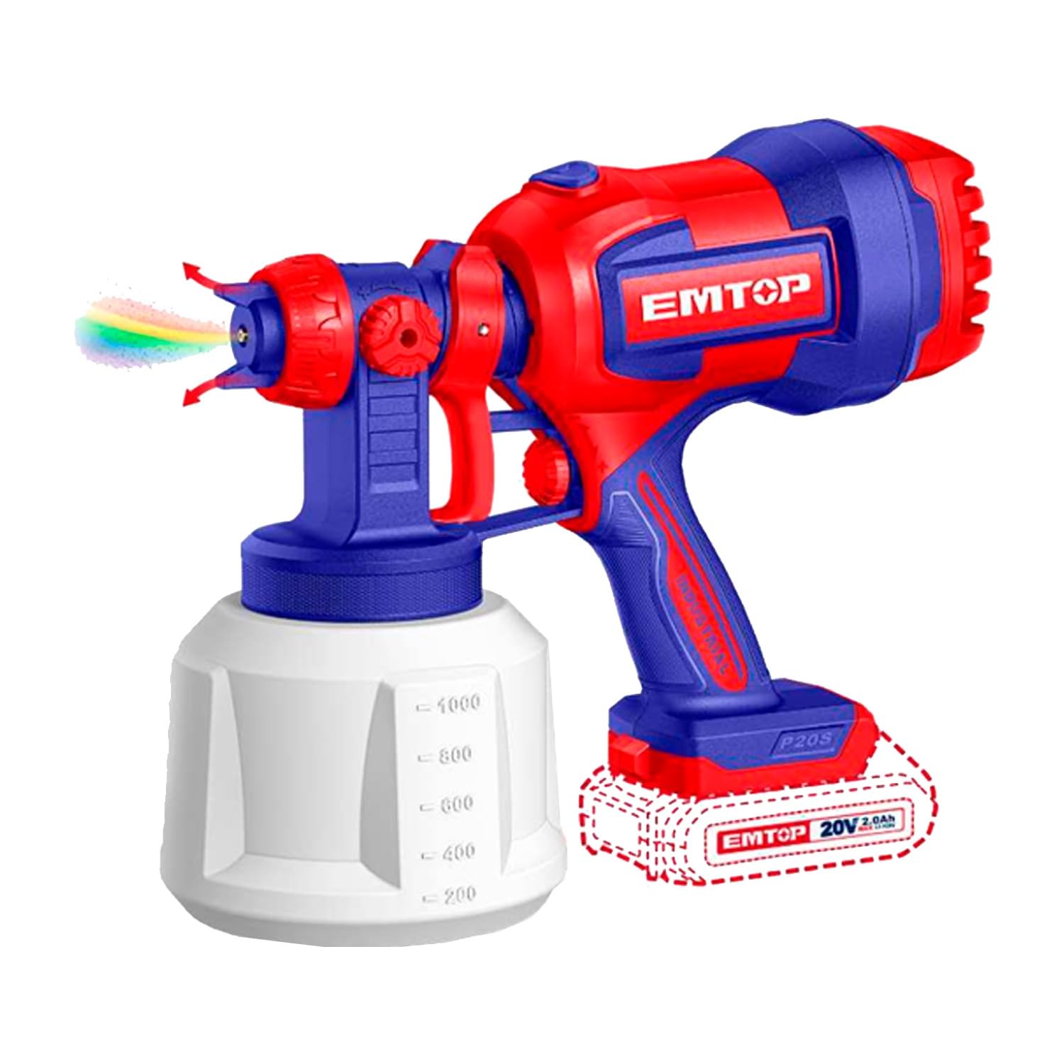 EMTOP - Pistola de Pintura a batería | 20 V | 800 ML | Presión 0,1-0,2 Bar | Viscosidad Máx 120 DIN-S | NO Incluye Batería ni Cargador | para Pintado de Muebles, Puertas y Vallas | Diseño Robusto