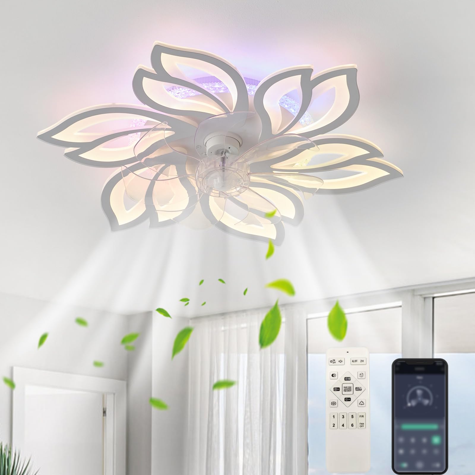 HXYSXHJUO Flower RGB-LED Ceiling Fans with Lights and Remote, Kids Fan Lights, Colourful Dimmable Ambient Lamps App,led Light Ceiling,for Bedroom Room Party（White）