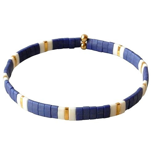 Navy Blue 7 inch Tile Beaded Stretch Bracelet with Nautical Gold Tila Beads