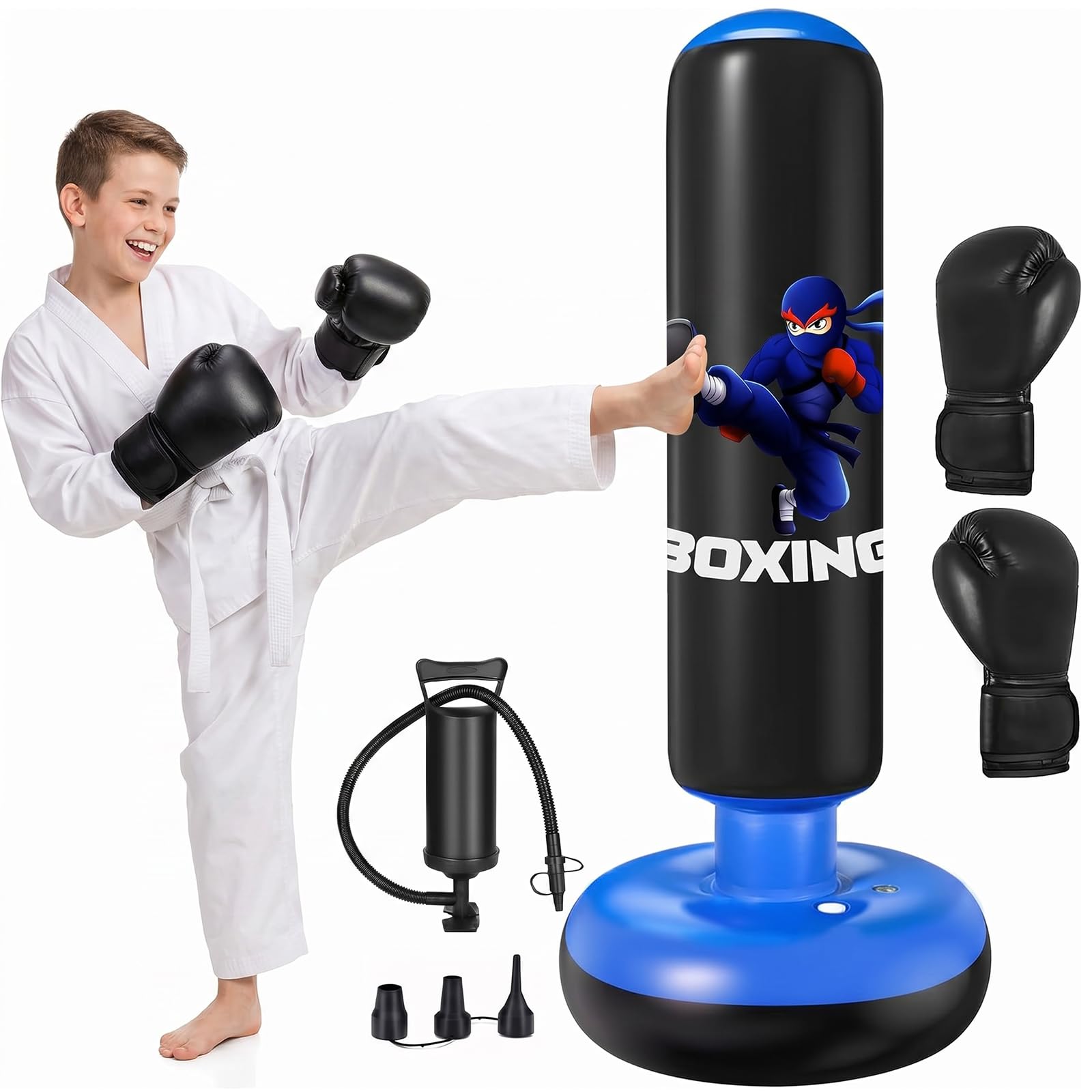 Punching Bag for Kids, 160cm (63in) Stable Boxing Bag with Gloves & Air Pump, Free Standing Inflatable Kids Punching Bags for Boys Girls Age 3-12 for Practicing Karate, Taekwondo, MMA Kid's Gifts