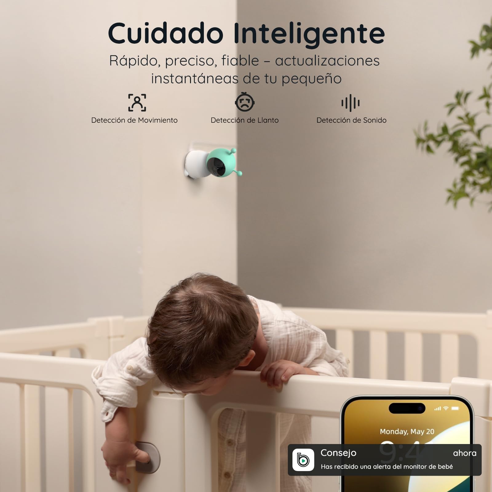 BOIFUN 2K Camara Vigilancia Bebe, Luz Nocturna Infantil, Teléfono Móvil y Monitor 5", Monitoreo de Movimiento, Seguimiento Automático 360°, Alarma de Área Personalizada, Zoom 4X, Material ABS Seguro