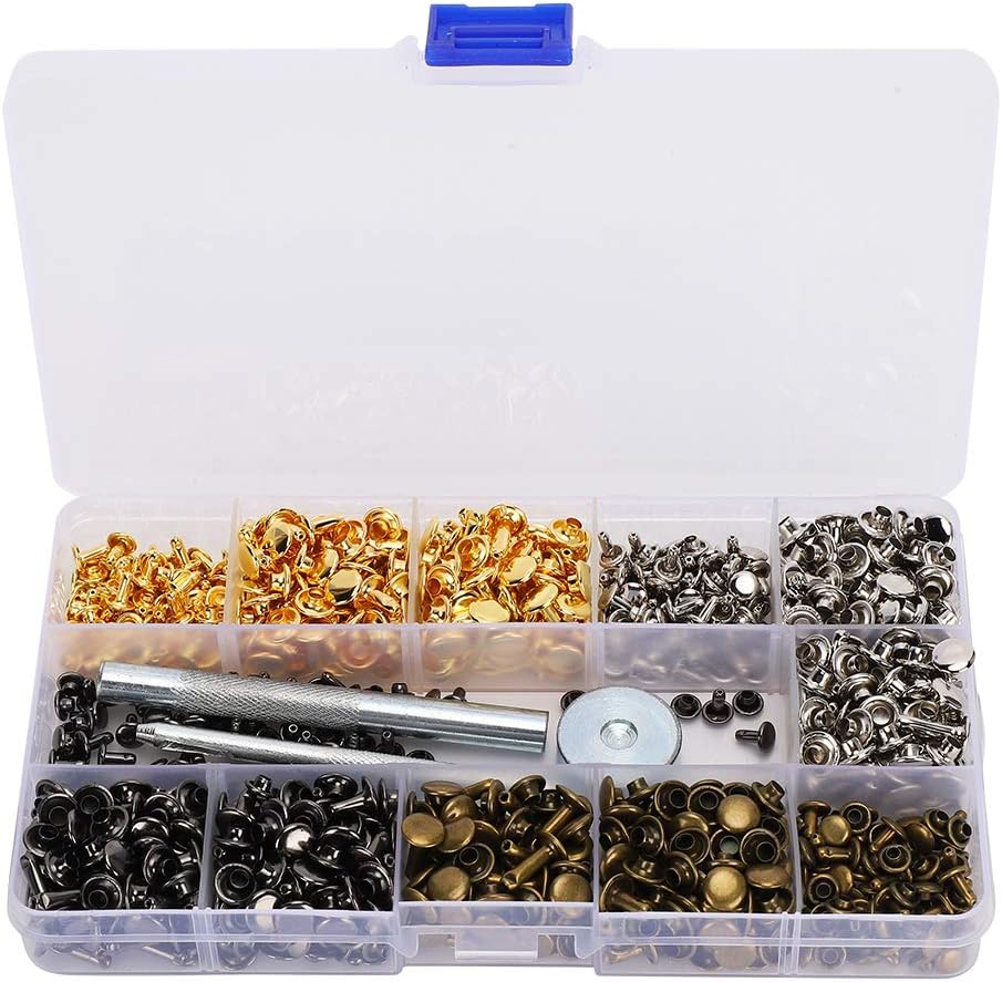 480 Sets Double Cap Rivet Metal Studs Kit for Leather Craft, Decorative Rivets for Belts Luggage Wallets Clothing, Includes Installation Tools with 4 Colors and 3 Sizes