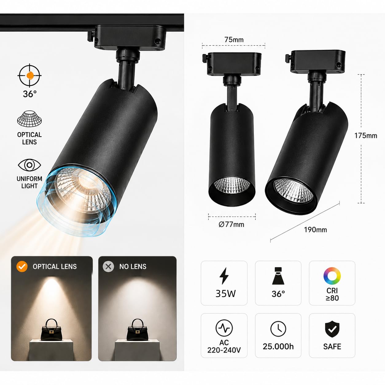 ONSSI® Spot LED 35W pour rail monophasé COB 3150lm (CCT dimmable en blanc froid-neutre-chaud) Spot Led de plafond (Noir)