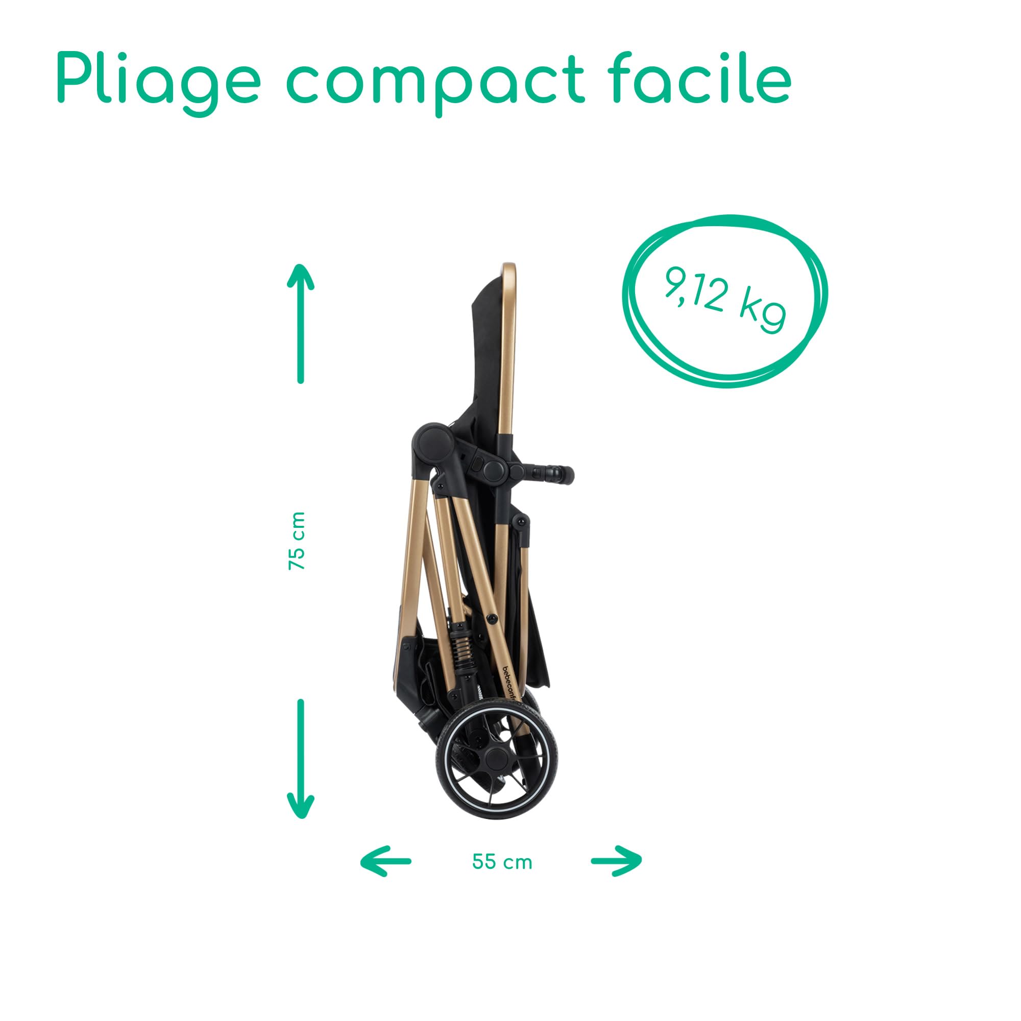 Bebeconfort Zaria Trio, Poussette Trio avec Accessoires, 0-22 kg, Noir/Or | Poussette 3 en 1 avec Siège Auto Bébé, Siège Réversible et Inclinable 2-en-1, Suspension aux 4 Roues, Panier 5 kg