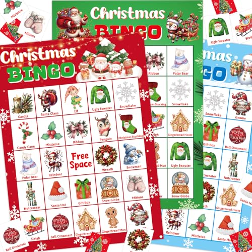 ceiba tree Merry Christmas Bingo Game for Kids Adults Large Group 24 Players Xmas Winter Holiday...