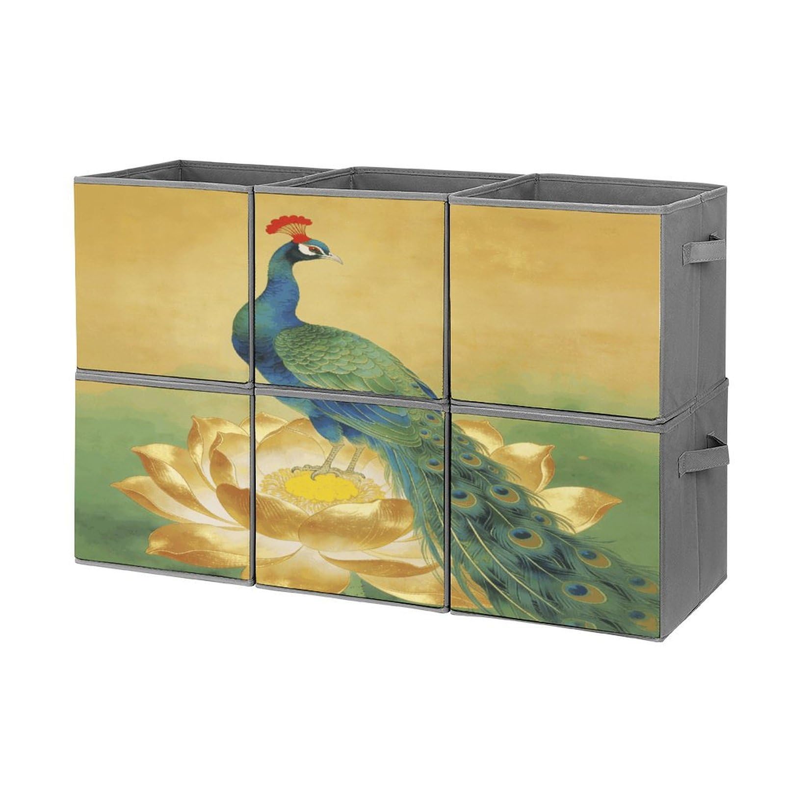 Fodpand Style Peacock On Golden Lotus Cube Bins With Double Handles,Set Of 6 Cube Organizer, Stackable And Foldable Storage Bins For Organization, Closet, Shelves, Offices