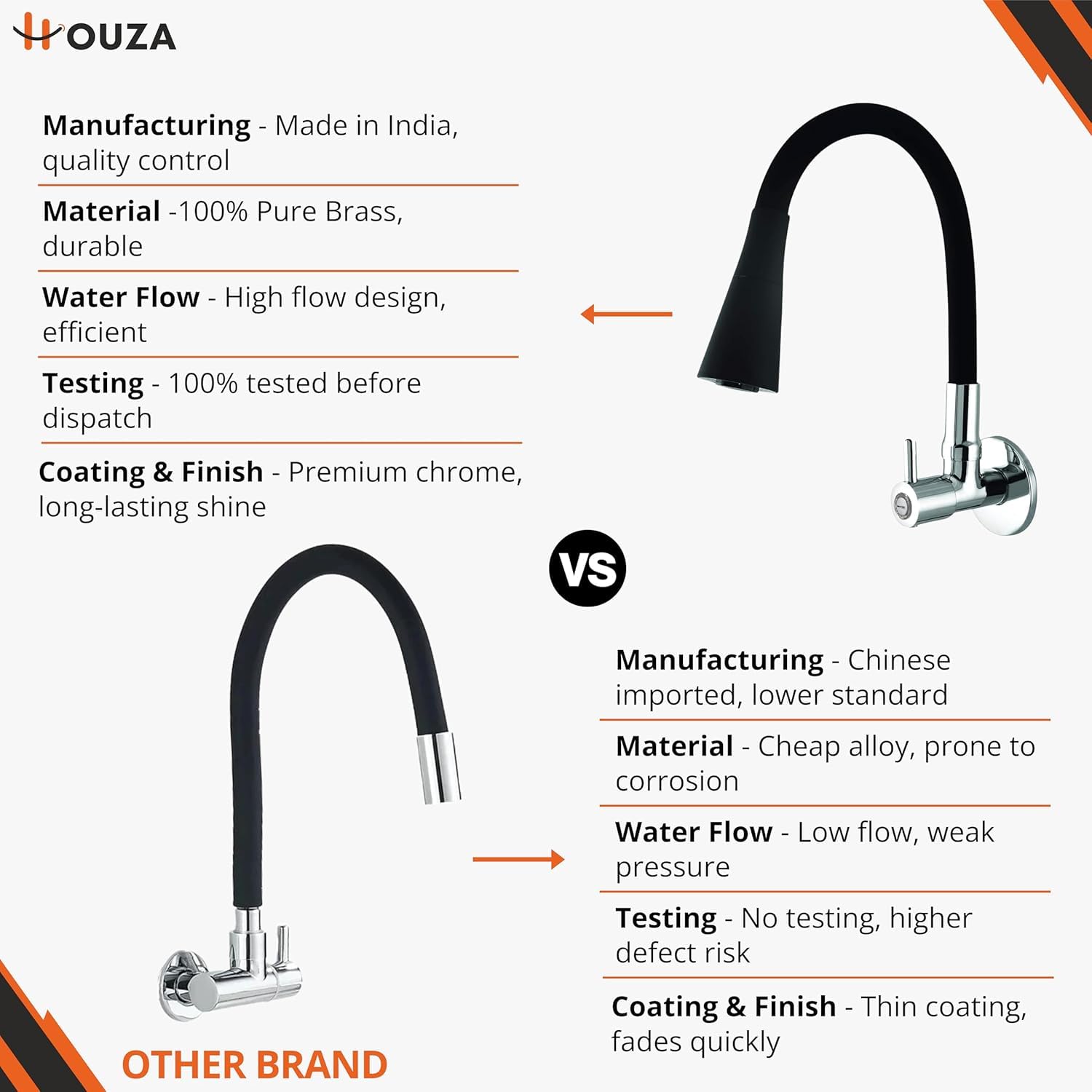 HOUZA Brass Kitchen Sink Tap Faucet with Pull Down Sprayer | Kitchen Tap with 360 Degree Flexible Silicon Swivel Spout | Water Saving Aerated Dual Flow Kitchen Faucet for Sink (Chrome Finish, Black) 3