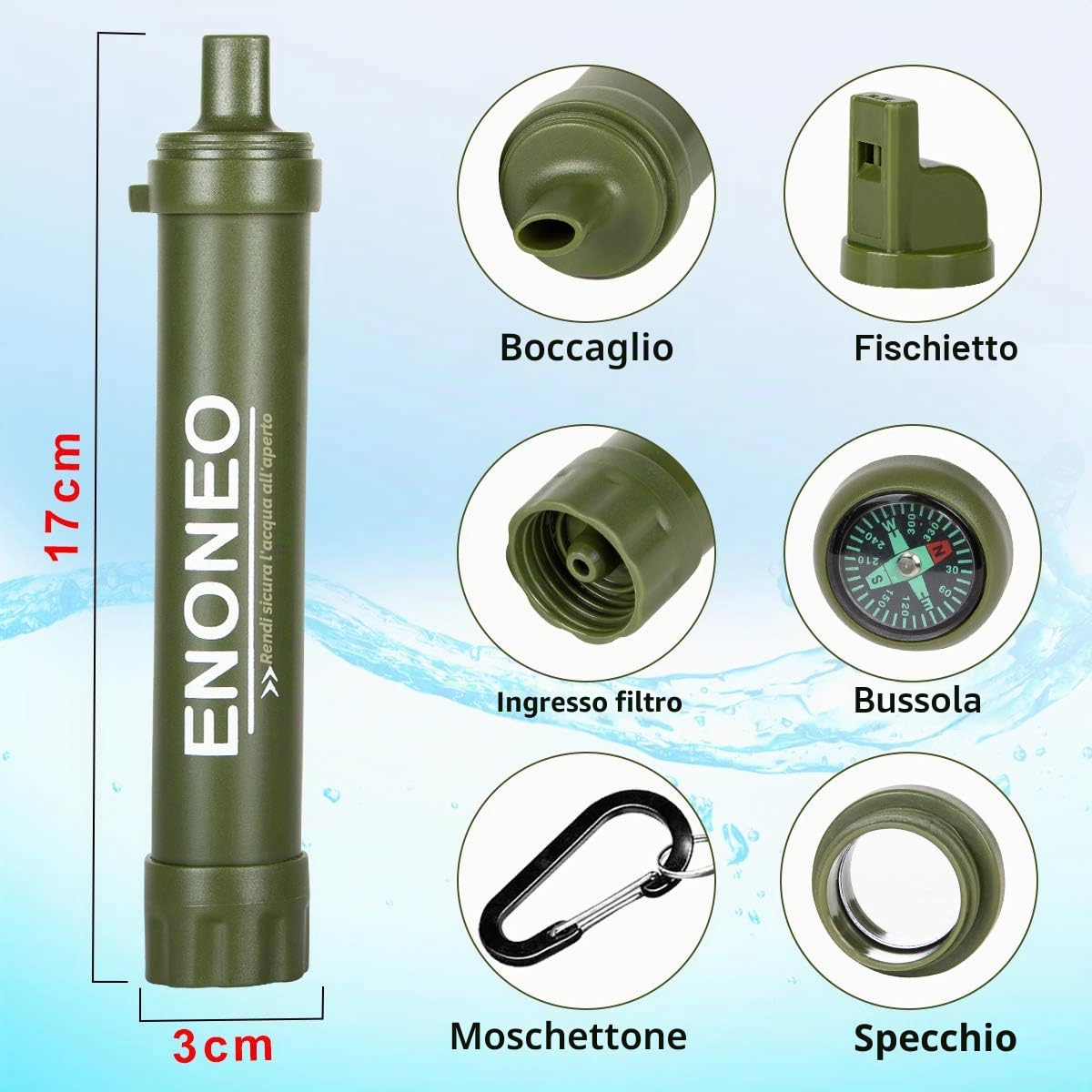 Paglia Filtro Acqua 1500L Purificatore Acqua Sopravvivenza Paglia Filtro Rimuove 99.99% Batteri e Protozoi Filtra a 0,01 Micron con Fischietto,Bussola per Escursionismo Campeggio Viaggi