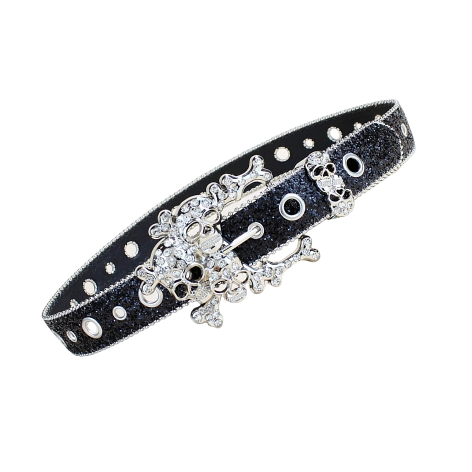 Buxuaaaa Shining Rhinestones Studded Skull Buckle Belt for Western Cowgirls Cool Blingbling PU Leather Fashion Waist Decors Rhinestones Belt