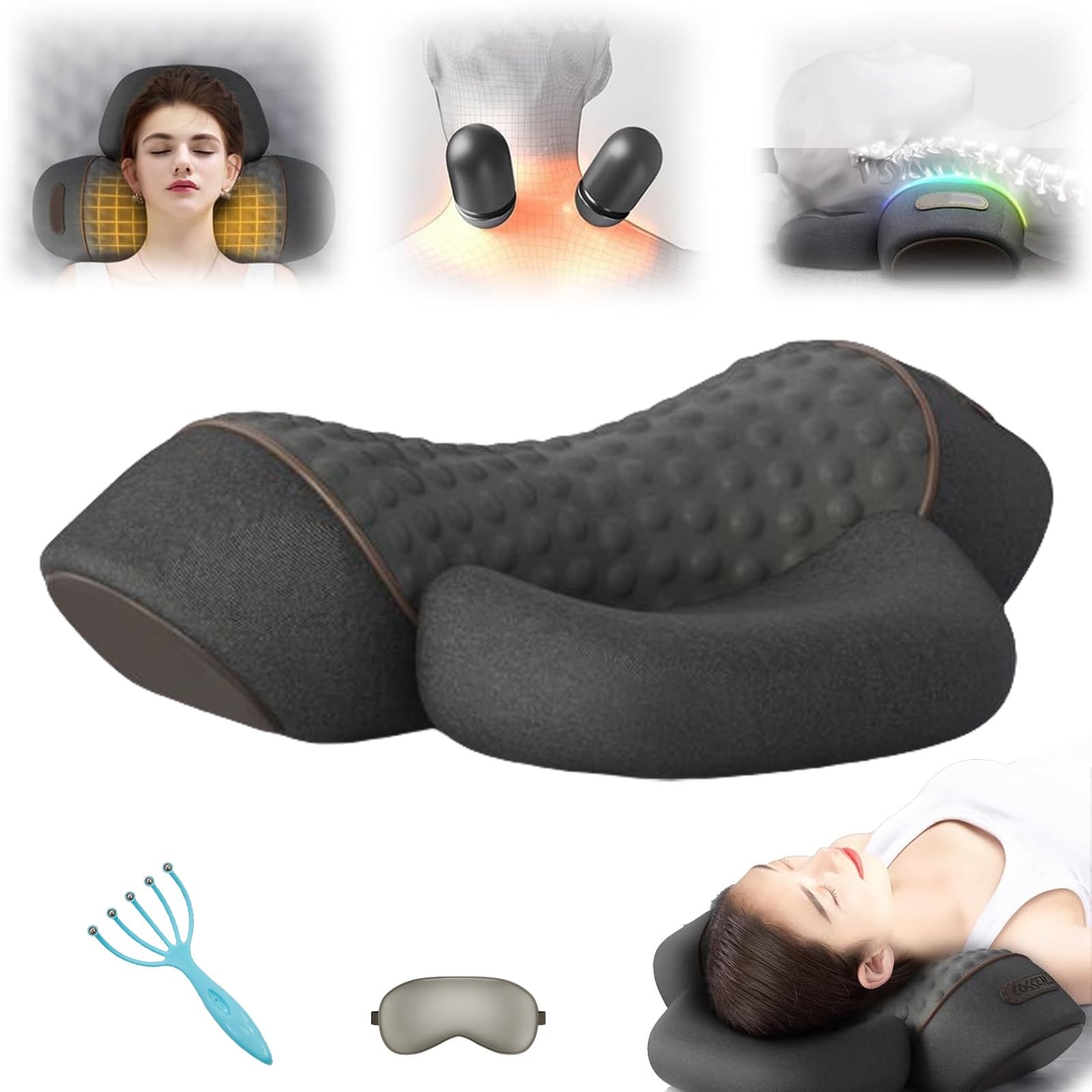 Yagerod Fisiorest 3 In 1 Neck Massager, 3 In 1 Neck Massager Pillow, Relief Massager For Neck, Deep Massage And Relaxation, With Heat, With Traction For Sleep Aid(Black)