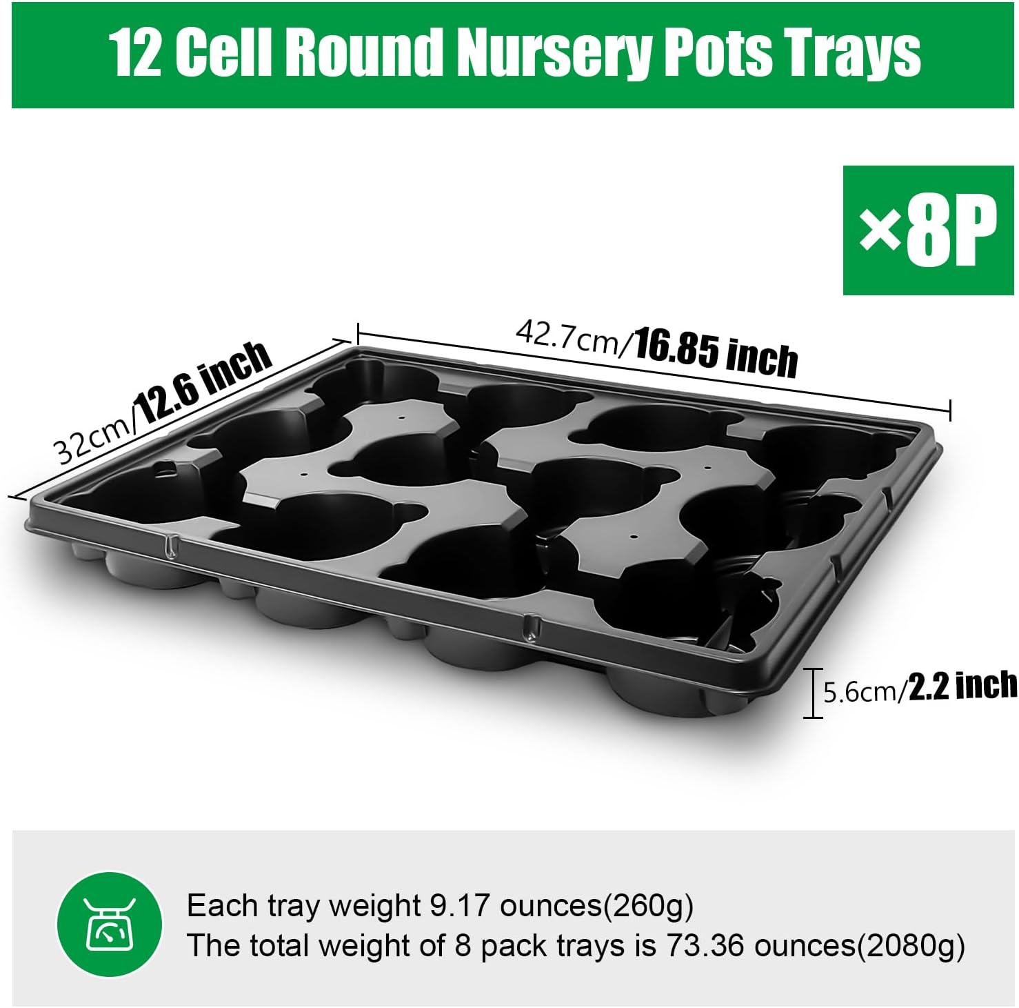 BTPLASTIK 12 Cell Round Nursery Pots Trays 8 Pack, Sturdy Carrying Trays for Holding 4 Inch Plant Pots, Thickened Plastic Seeding Planting Tray, Black