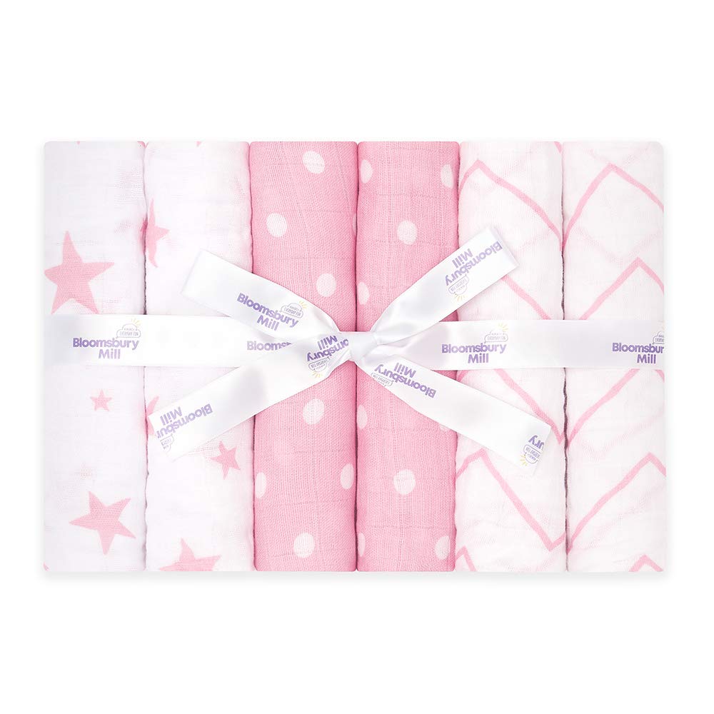Bloomsbury Mill – Mulltücher Baby - 6er Pack 70x70cm - Spucktücher Baby aus 100% Reine Bio Baumwolle Musselin - Saugfähig, Atmungsaktiv Musselin Decke für Neugeborenen - Musselintücher - Rosa & Weiß