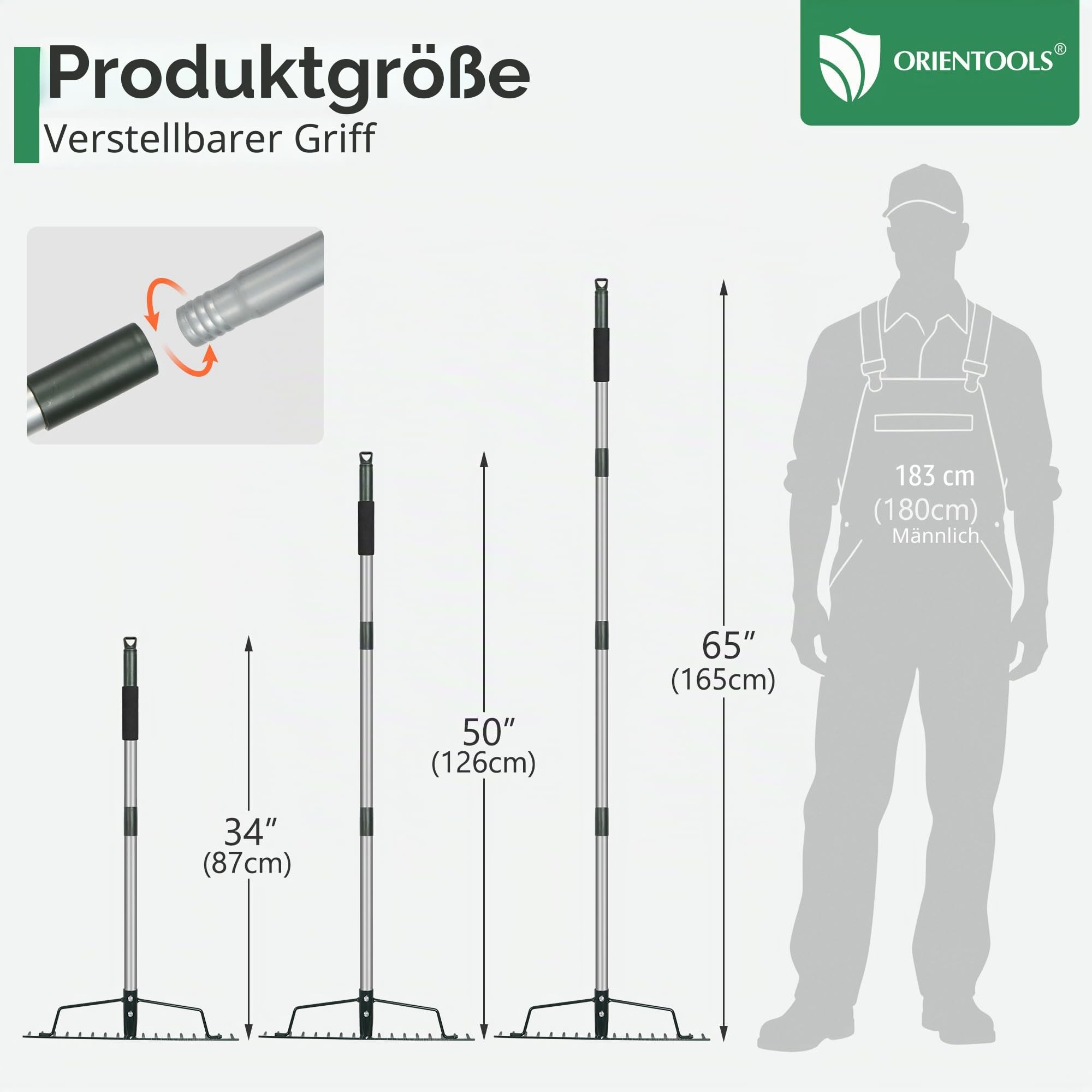 ORIENTOOLS Gartenrechen, schwere Ausführung, 44 cm Breite, 160 cm Stiellänge, 1,7 kg für Boden lockern, Laub rechen, Verlegen von Rollrasen, Rasenpflege, Grün