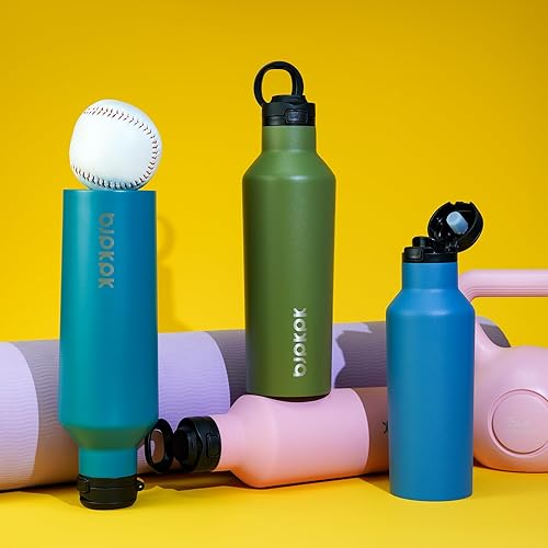 Miniatura 5 de BJPKPK Botella de agua aislada con pajilla, botellas de agua de acero inoxidable de 25 onzas con 2 tapas y asa de transporte, botella térmica de