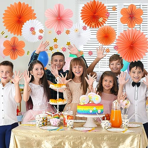 Image of SUNBEAUTY Paper Flowers Decorations for Wall, Spring Pink and Orange Party Decorations, Orange Pink Groovy Paper Fans Classroom for Wall Hanging Decor for Office Baby Shower Bulletin Board, Set of 9