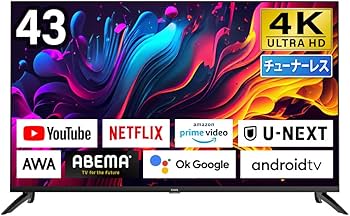 超美品 43インチ チューナーレステレビ 4K 43型 TSM-4301U4K Amazon | [チューナーレスTV] Android TV 43V型 4K チューナー