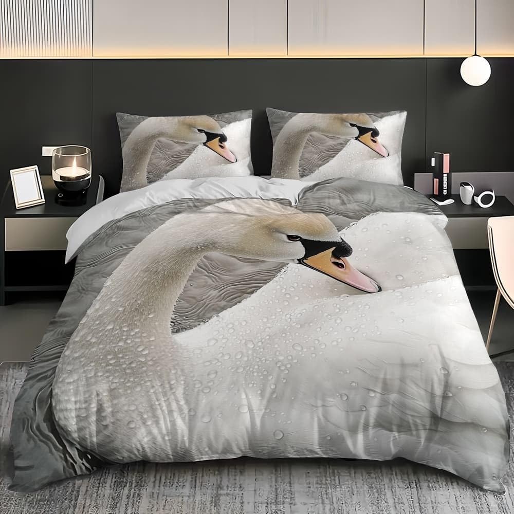 Dzieci Dorośli Zestaw Poszewek Na Kołdrę 3D Z Nadrukiem 150x220 cm Łabędź Wzór Zwierząt Mikrofibra Zestaw Pościeli + 2 Poszewki Na Poduszki Miękka Antyalergiczna Biała Poszwa Na Kołdrę 90