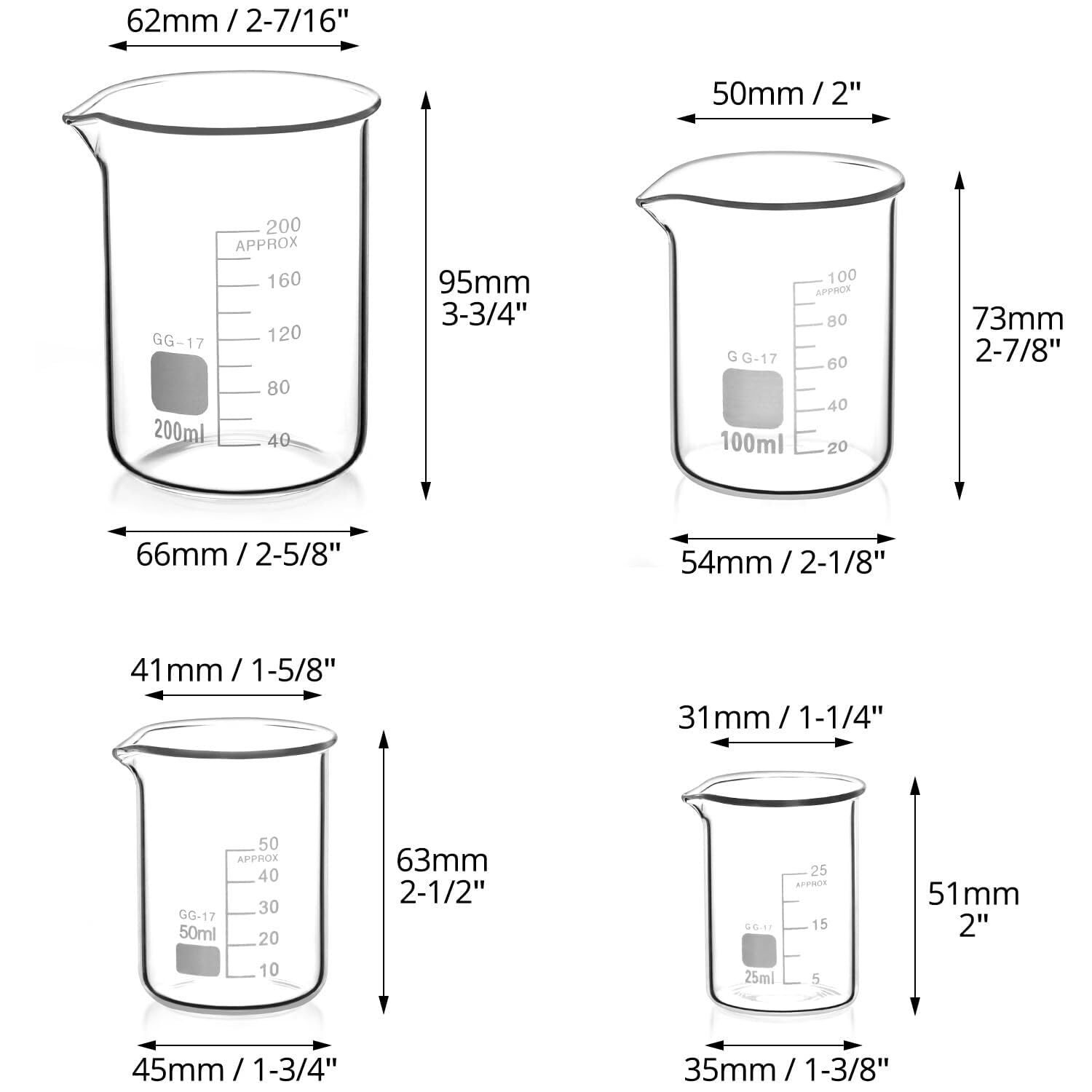 Set 4 Béchers in Vetro Borosilicato Graduati 25ml 50ml 100ml 200ml per Laboratorio, Cucina e Esperimenti Scientifici