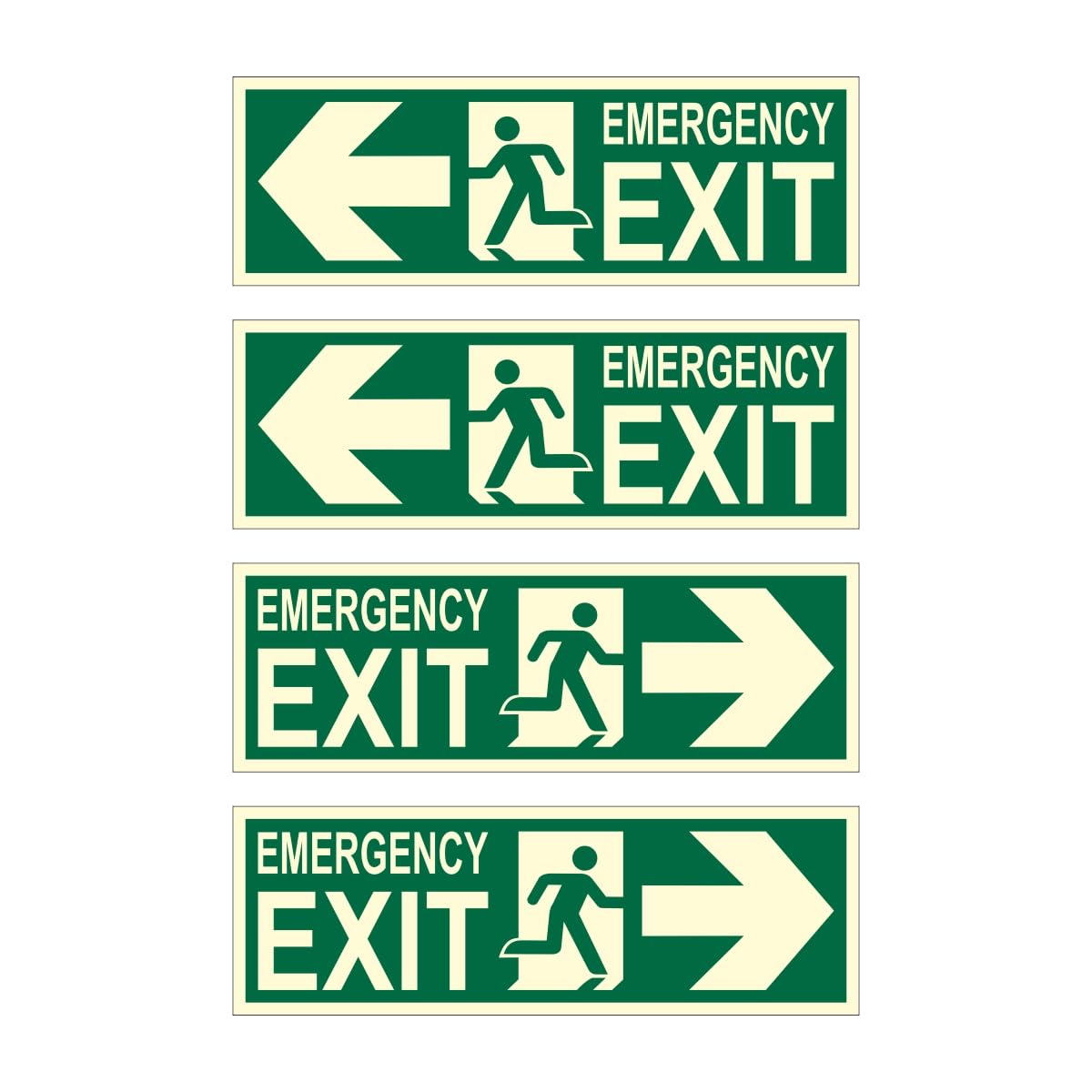 Emergency Exit Left and Right Arrow Night Glow Signboard On PVC Sunboard 3 mm Size-300mm X 100mm (Pack of 04)