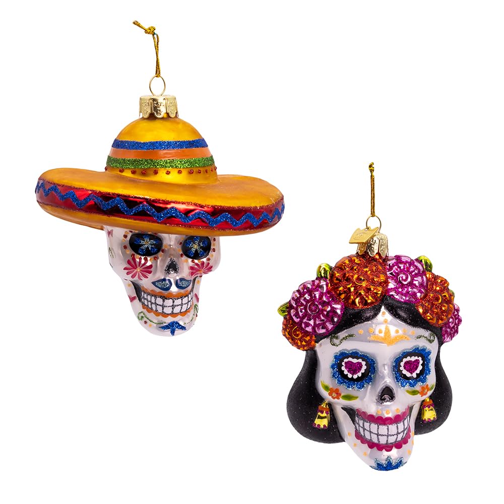 Kurt Adler 4-4.25-inch Noble Gems™ Glass Day of The Dead Sugar Skull Ornament Set