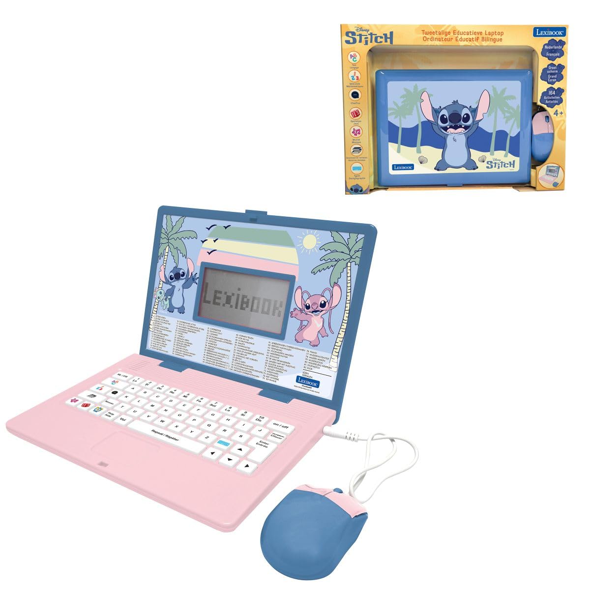 Lexibook, Disney Stitch Computer Educativo Bambino, JC601Di10 | Olandese/Francese, 164 attività, Matematica, giochi di logica, modalità musica, Grande schermo LCD