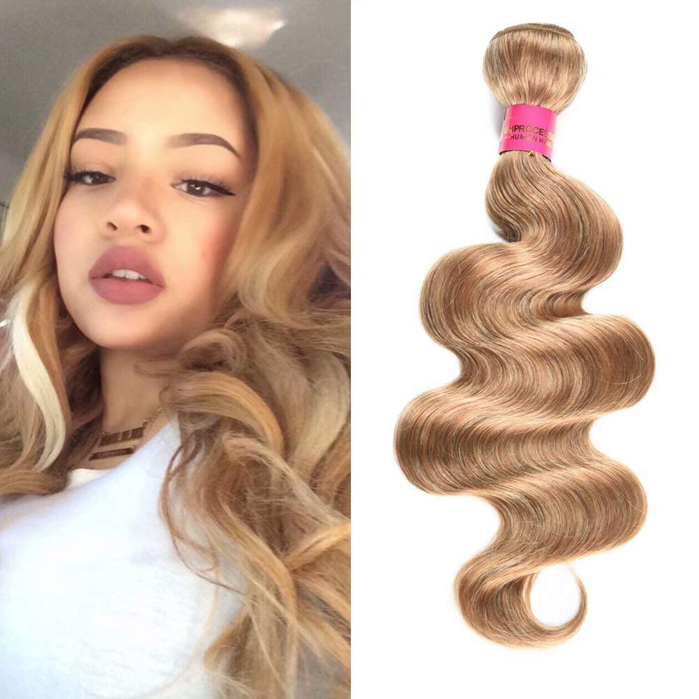 WOME Brazilian Human Hair Bundles 1 Piece Honey Blonde Hair Weave 8A Grade Body Wave Virgin Unprocessed Hair Extensions for Woman(16 Inch)