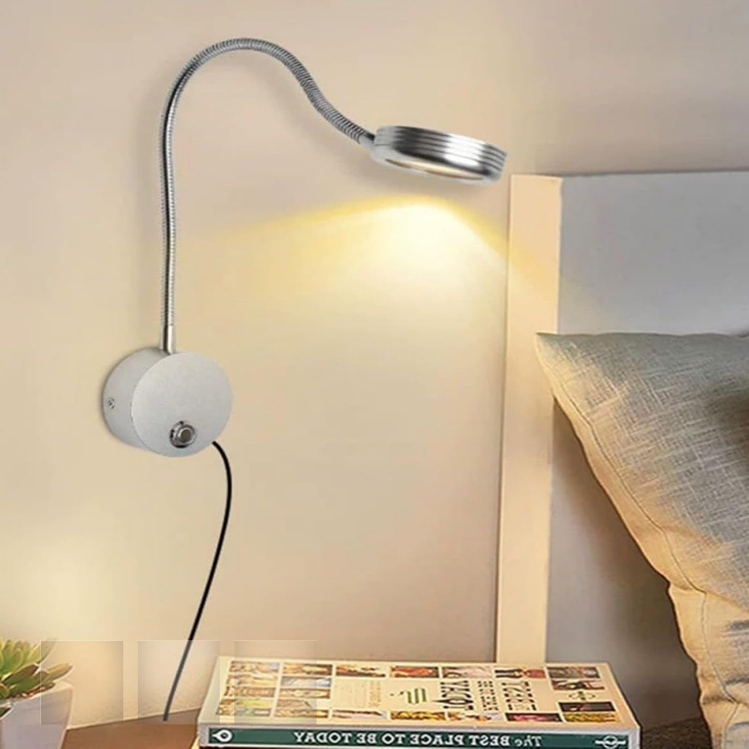 Reading Indoor Wall Light LED with Switch Gooseneck Wall Lamp 3000K/4000K/6000K Dimmable Wall Sconce with Switch Plug 360° Rotatable for Bedroom Bedside Living Room (Silver)