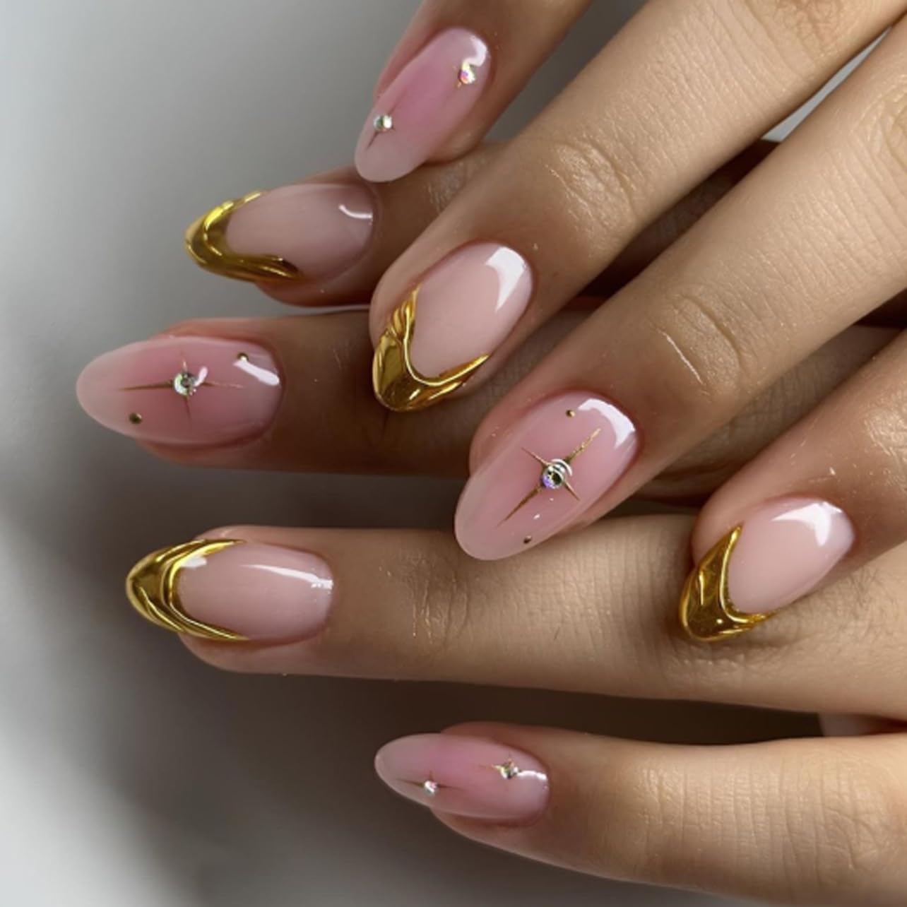 24 Pcs Luxury Gold Chrome French Tip Press On Nails | Almond Shape | Milky Pink Nude with Star Rhinestone Accents | Reusable Gel Manicure Set-image-15