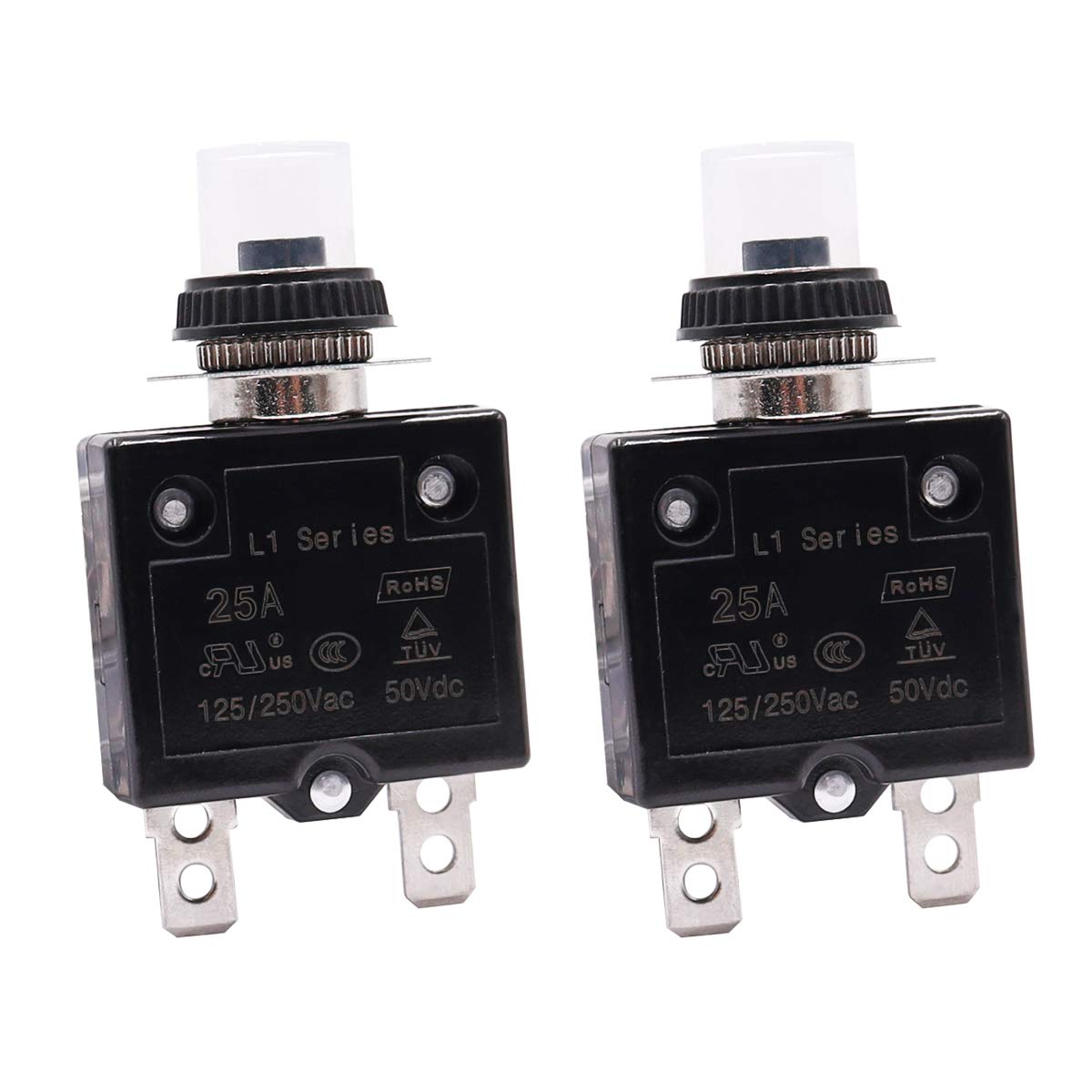 mxuteuk2Pcs 25Amp Circuit Breakers Push Button Manual Reset 125/250V AC 50V DC, L1 Series Overload Protector Switch Thermal Circuit Breakers with Waterproof Button Caps L1-cj-25A
