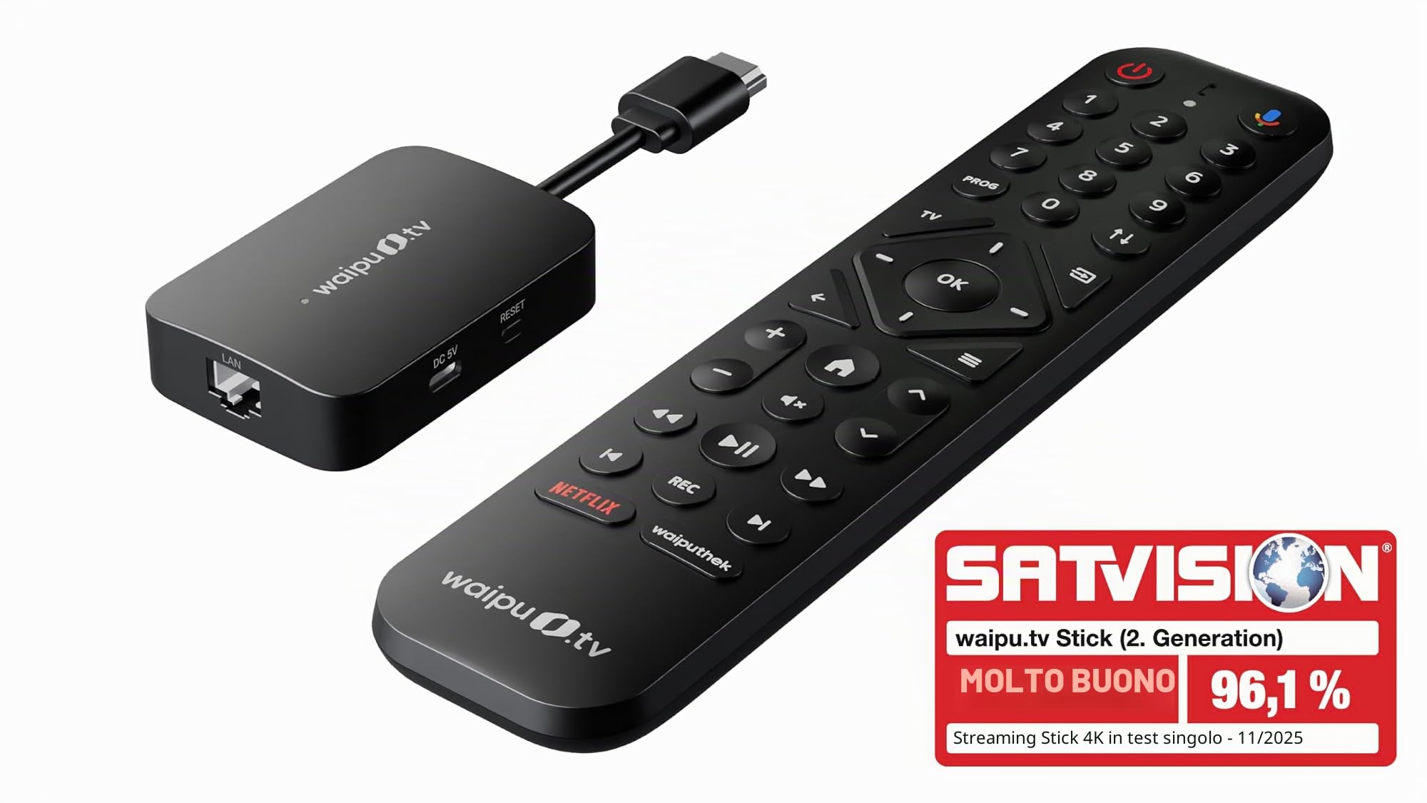 waipu.tv Stick (2a generazione) | Telecomando con tasti di scelta rapida e retroilluminazione | Televisione via Wi-Fi | LAN | HDMI | 4K | HDR10+ | Dolby Atmos | Voucher per 3 mesi Perfect Plus