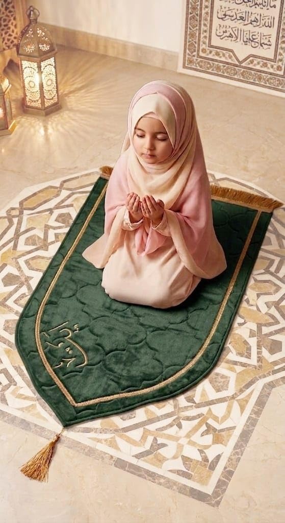 Kids Personalized Janamaz with Name Engraving | Customize Prayer mat for Kids |Custom Soft Velvet Prayer Mat for Toddlers and Children(Green) Small Size 0-12 Year (Green)-picture-13
