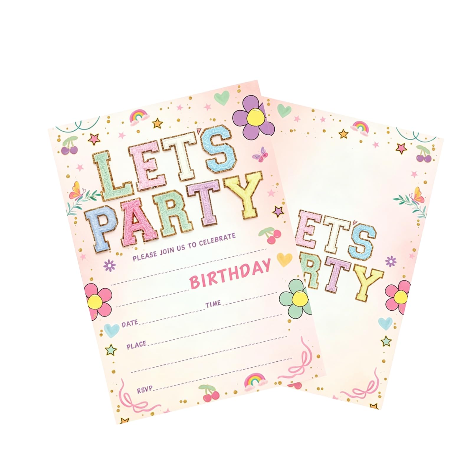 RevpoltIQ 20 Pcs Birthday Party Invitations for Girls, Pastel Boho Birthday Invitations for Kids Girls Women Sister 15.2x10.8 cm Rainbow Floral Kids Party Invites Double-Sided Design