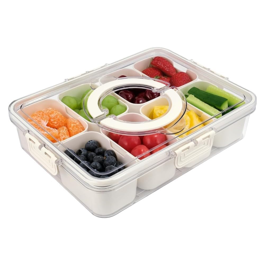 EHOTER Snack Box with Compartments Snack Box Divided Snacks Trays Stretch Fresh Storage Trays Reusable Fruit Storage Containers for Fridge Gobe snacks Spinner Wheel with Lids (White)