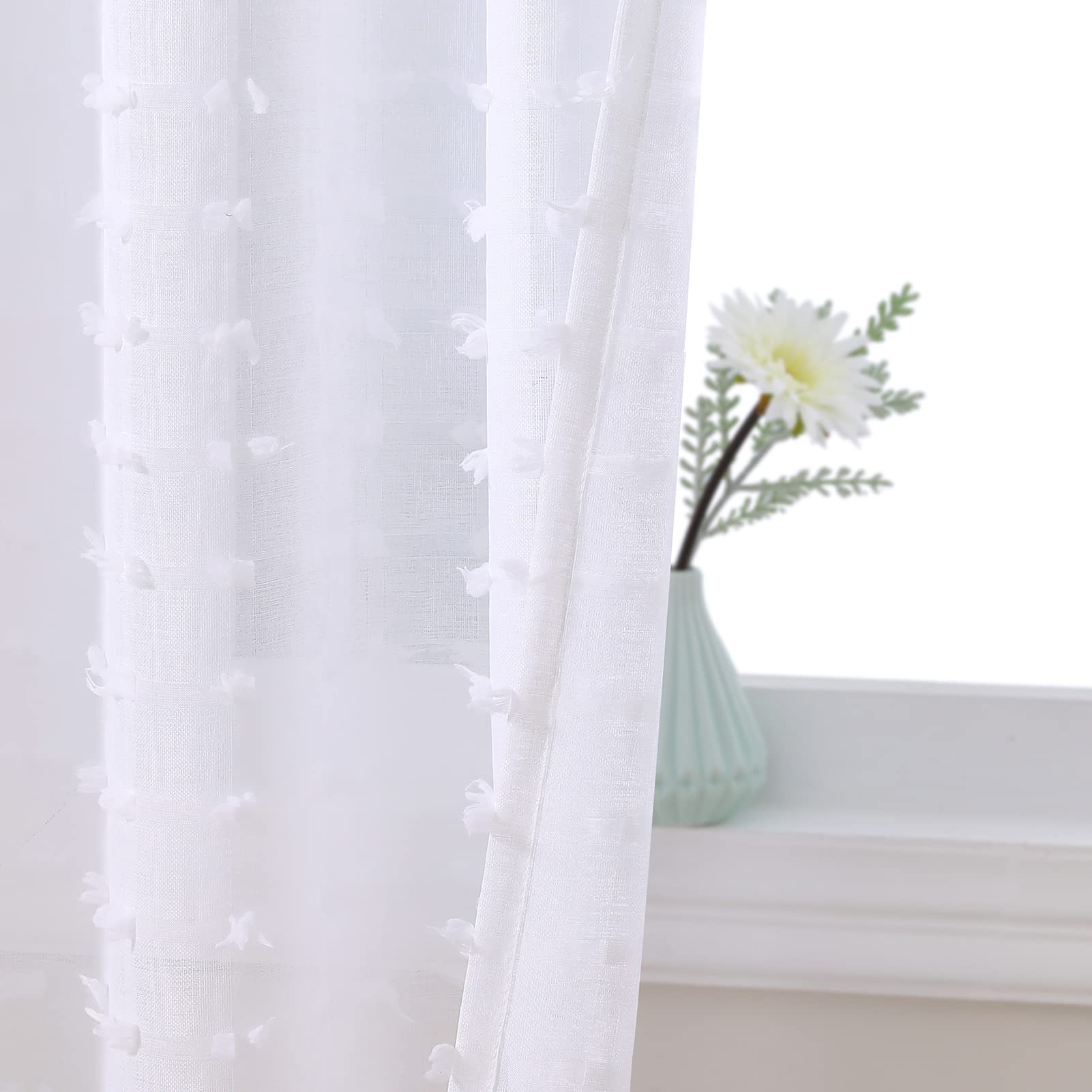 White Sheer Curtains 84 Inch Length 2 Panels Set for Living Room, Semi Sheer White Curtains for Nursery Girls Bedroom Cute Tufted Pom Pom Boho Curtains Grommet Farmhouse Window Curtain 84 Inches Long
