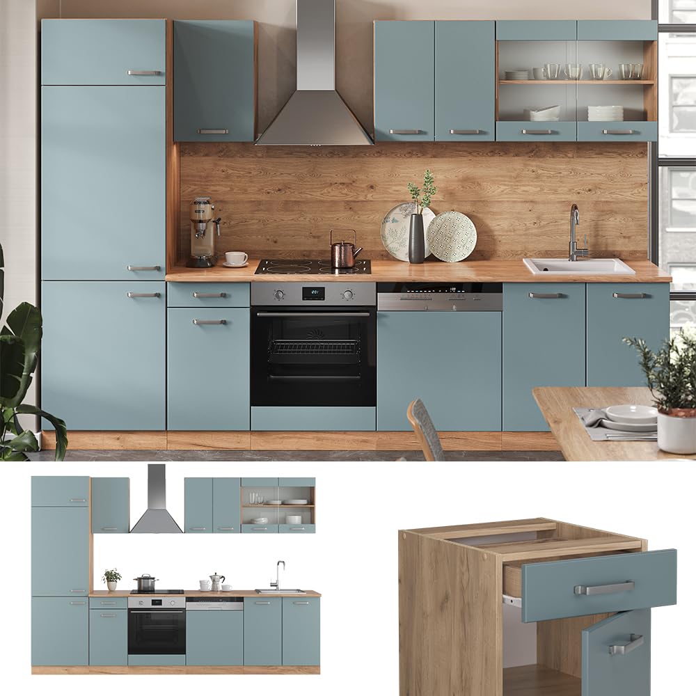 Vicco Mueble de Cocina R-Line, Roble Azul-Gris-Dorado, 300 cm, ET Roble, para disposición Flexible y ampliación con módulos adicionales