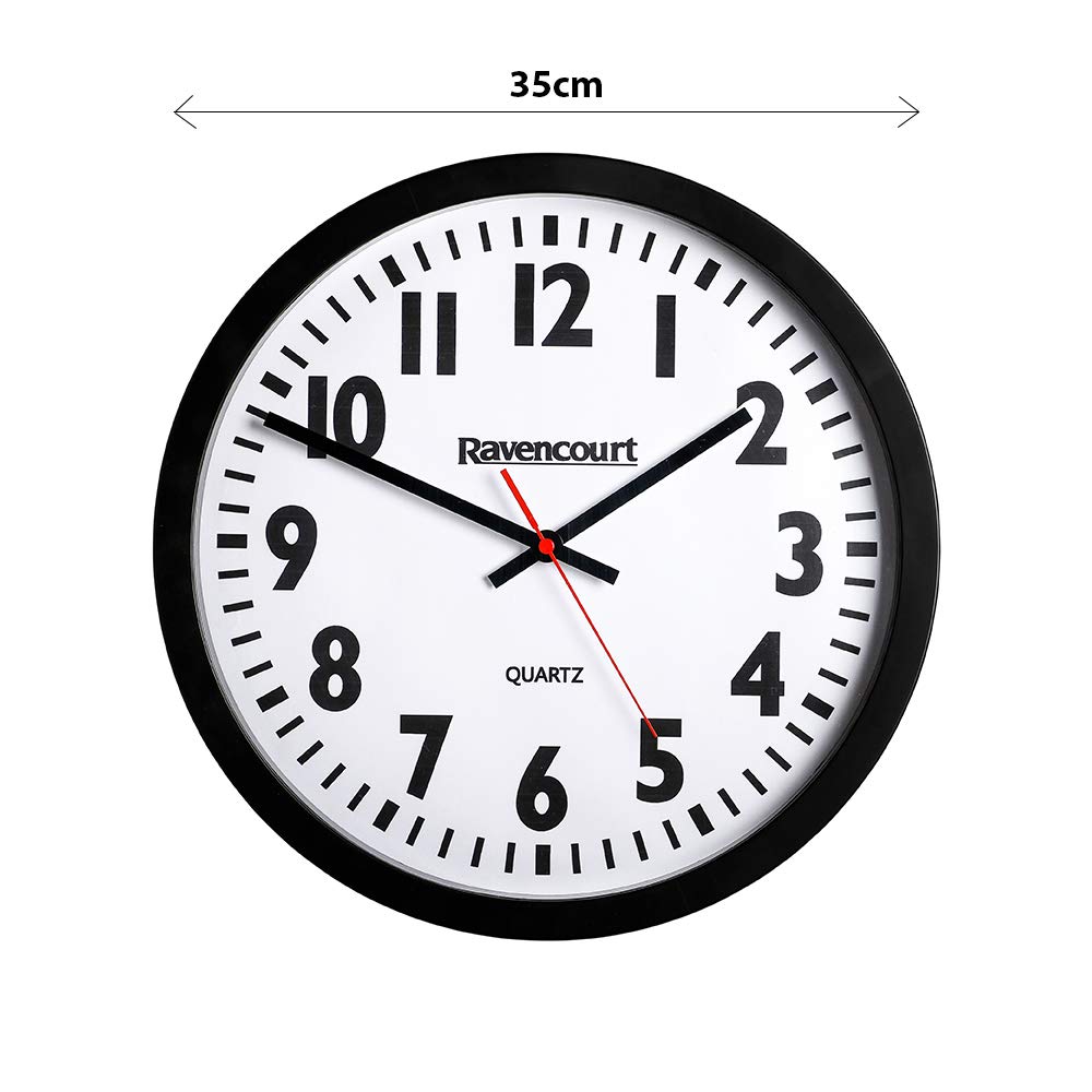 Reloj analógico de Cuarzo Ravencourt para escuelas, hospitales, oficinas y hogares Números de Alto Contraste Funciona con Pilas Marco Negro con Esfera Blanca Mediano-Grande: Esfera de 35 cm
