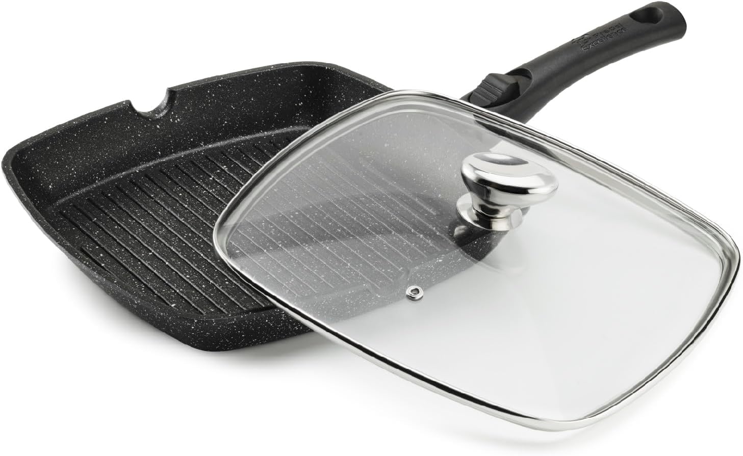 Pradel Excellence, PCUI001022, Grillpfanne aus Aluminiumguss 28x28cm, Deckel aus Glas, Antihaftbeschichtung in Steinoptik, Abnehmbarer Griff, Alle Herdarten