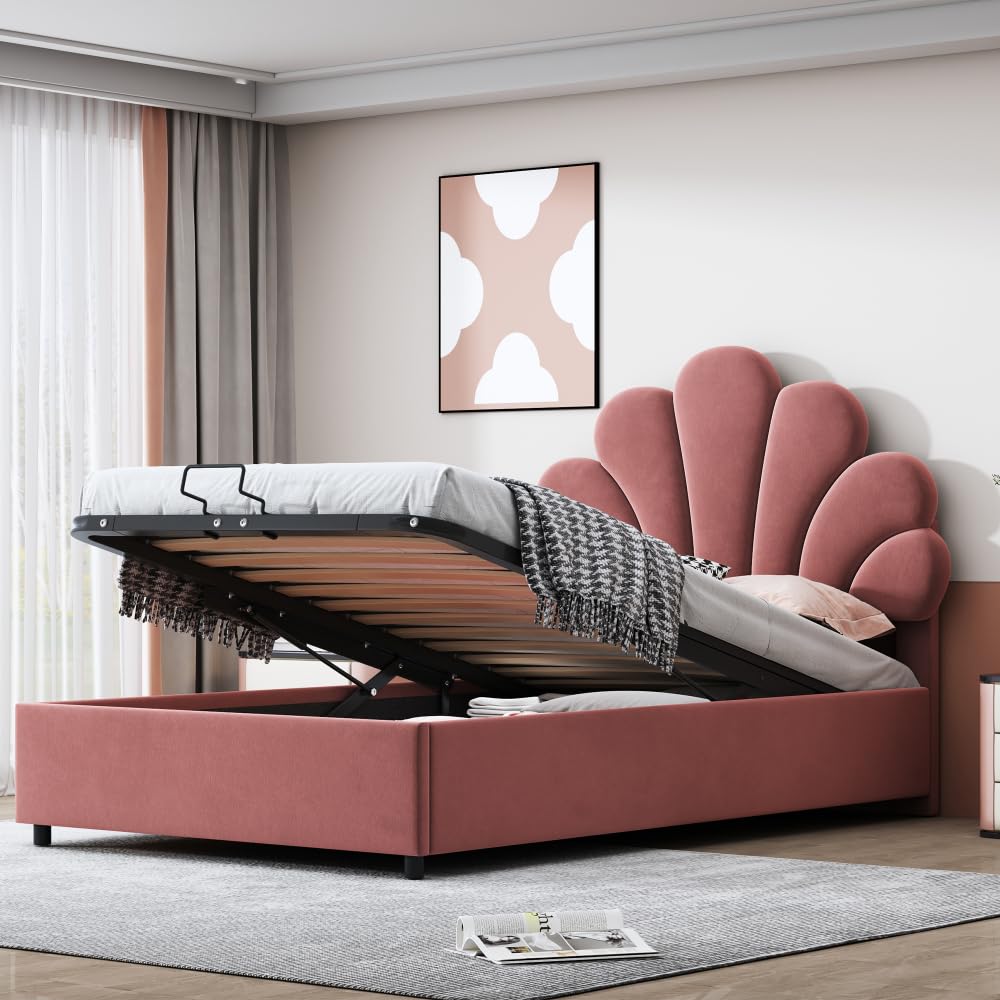 Cama acolchada de 90 x 200 cm para niños, cama con almacenamiento hidráulico, cama individual con cabecero floral y estructura de láminas y cabecero ajustable, tela de terciopelo, color rosa