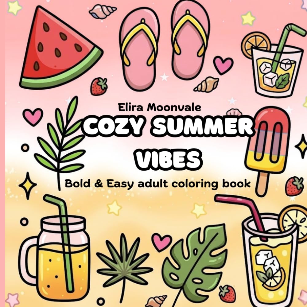 Cozy Summer Vibes: Bold & Easy Coloring Book for Adults and Teens Featuring Fun Summer Designs for Stress Relief and Relaxation