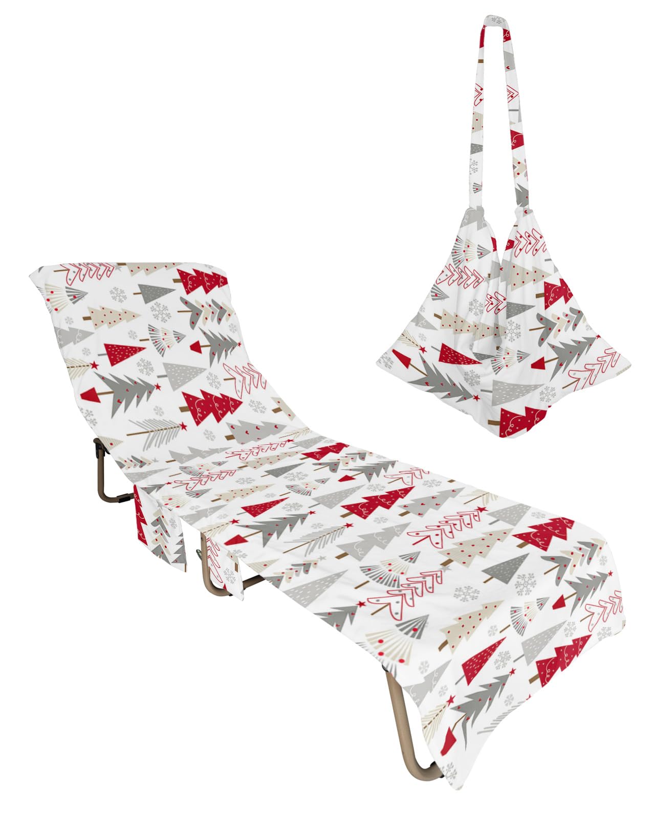 Red Grey Christmas Tree Beach Lounge Chair Towel Cover, Soft Chaise Lounge Towel with Side Pockets Patio Pool Chairs Cover for Beach/Pool Sunbathing 29x85 Xmas Tree Winter Snowflake