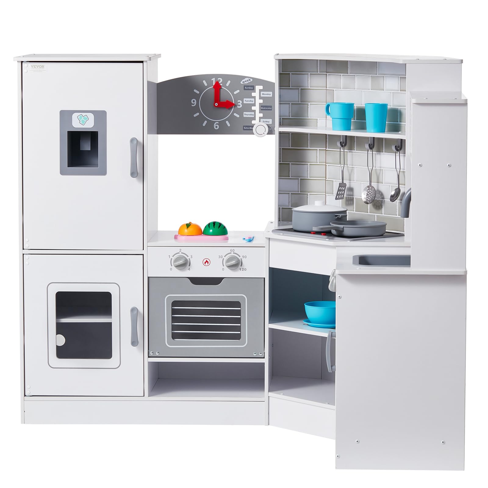 VEVOR Cuisine pour Enfants, Ensemble Cuisine d'angle en Bois, Lumières, Sons, Machine à Glaçons, Four, Évier, Horloge, Micro-Ondes, Réfrigérateur, pour Tout-Petits, Enfants d'Âge Préscolaire, Blanc