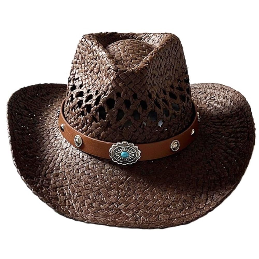 Zekai 9cm Large Brim Western Cowboy Hat Straw Hat Unisex Brown