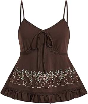 SOLY HUX Women's Floral Embroidery Cami Tops Tie Front Ruffle Hem