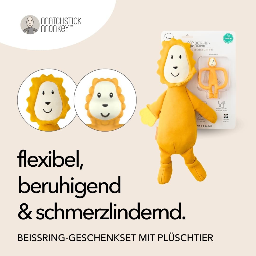 Matchstick Monkey Plush Toy Sensory Teething Teddy Gift Set, Soft Cotton, Filled with Sensory Beads, Antimicrobial Protection, 3 Months +, Lion