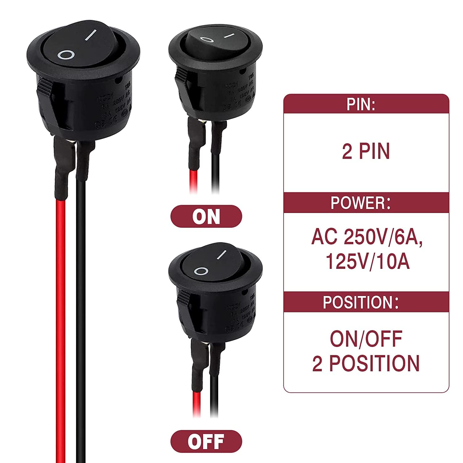 12 Piezas interruptor basculante redondo 2 pines interruptores basculante redondos de barco 6A / 250V 10A / 125V SPST interruptor basculante redondo de 2 pines, negro