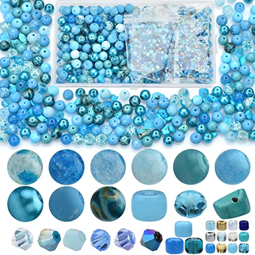 Image of Rired 27 Assorted Craft Beads Bracelet Kit, Columbia Blue Bead Including 7 Types of Round /Glass Pony /Bicone Crystal Beads /Rondelle /Gravel and Seed Beads for Jewelry Making