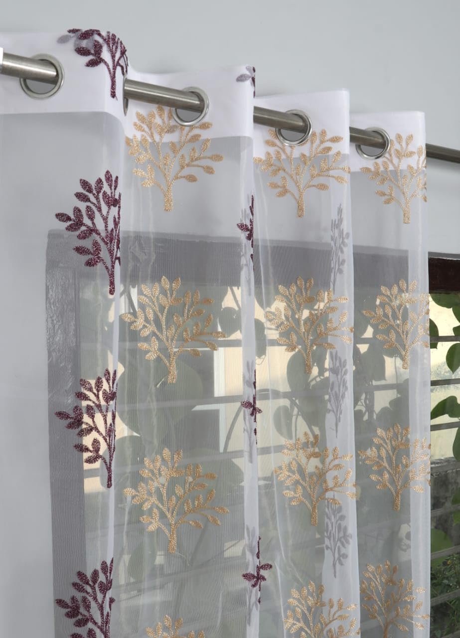 Polyester Net Sheer Beautiful Floral Design 9 Feet Long Door Curtain Pack of 1 Pcs for Home Living Room Drawing Room Use Wine Curtain-image-2