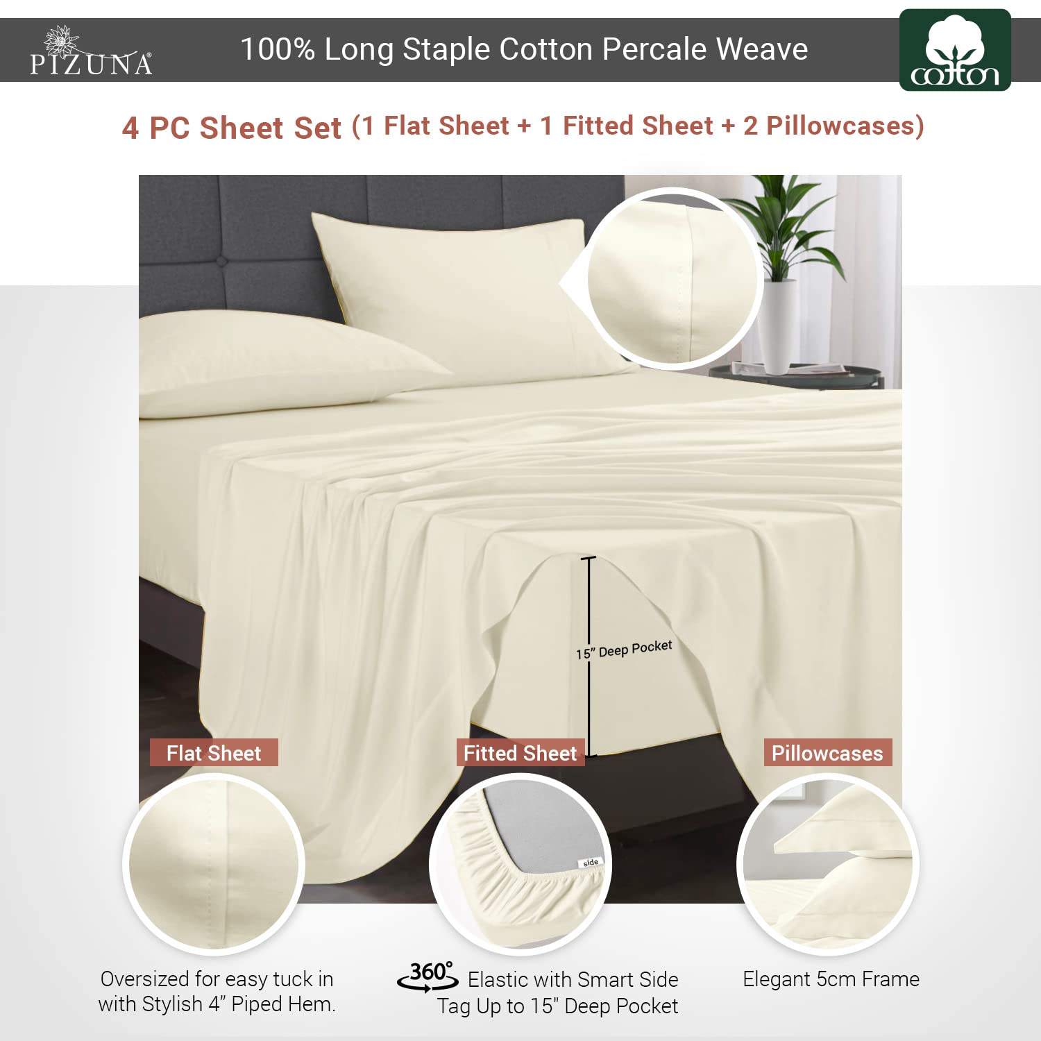 Pizuna Cotton Percale King Size Sheet Set Ivory, 100% Long Staple Combed Cotton Bedding Set 275x280 cm - Image 3
